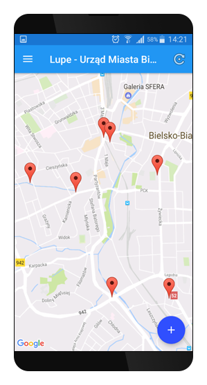 Przykładowy ekran aplikacji mobilnej przedstawiający mapę z oznaczonymi markerami zgłoszeniami