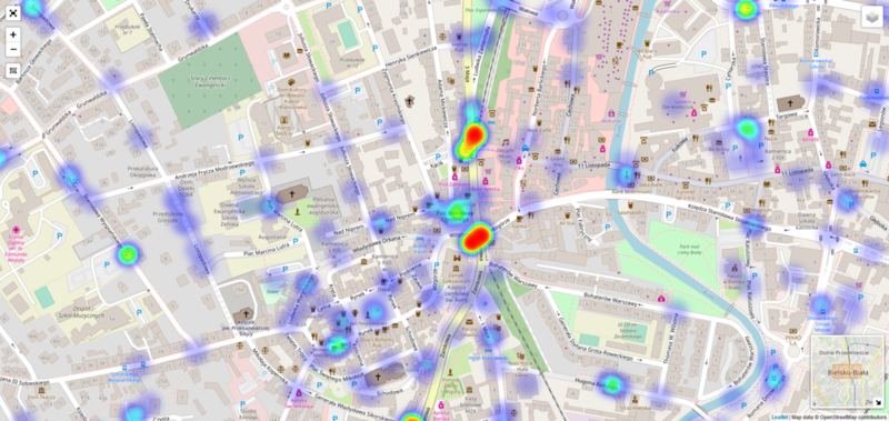 Animacja przedstawiająca mapę z analizą sytuacji w mieście oraz markerami wskazującymi na zgłoszenia.